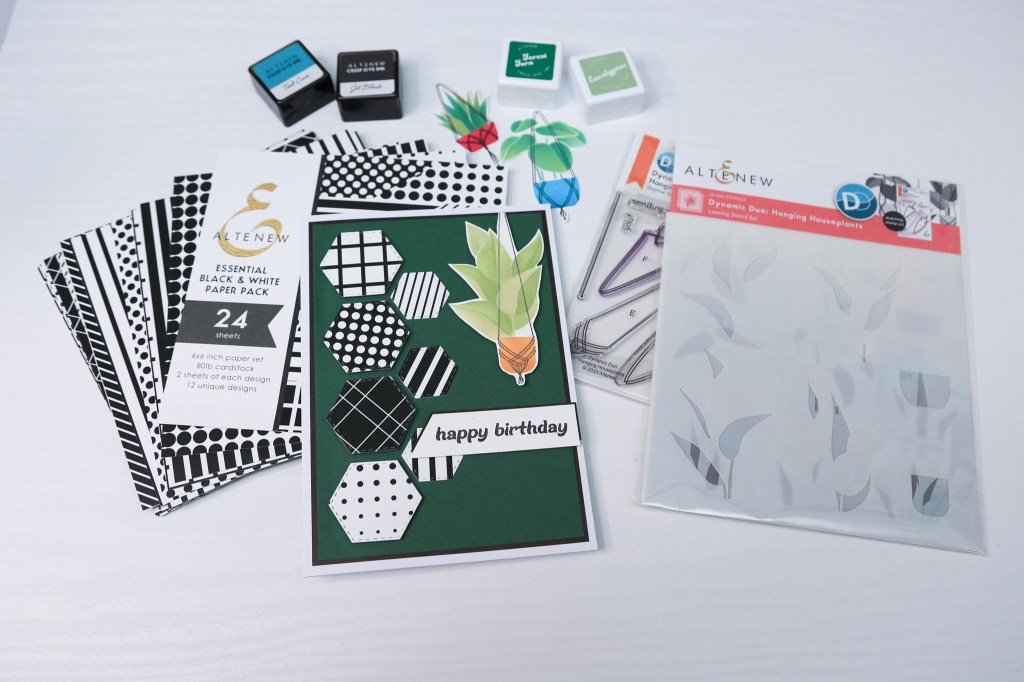 masculine birthday card using patterns and shapes embellished with a planter pot