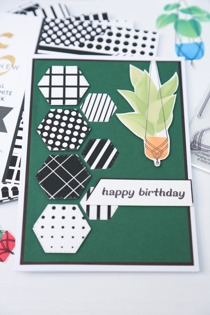 masculine birthday card using patterns and shapes embellished with a planter pot
