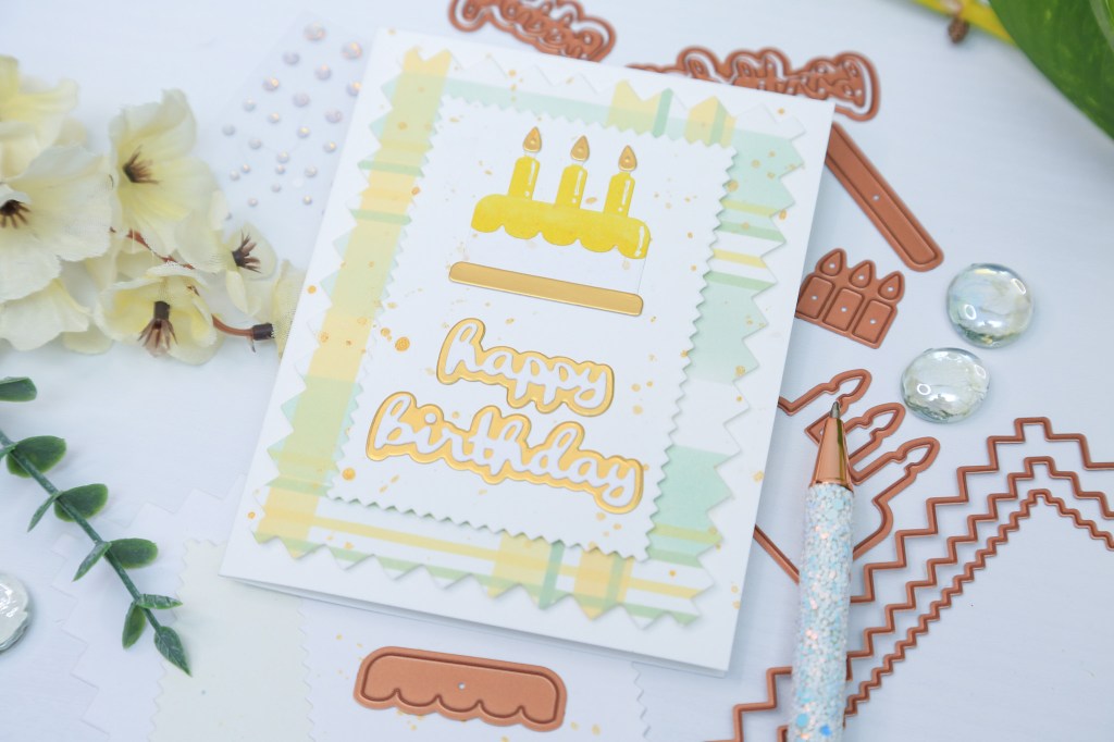 Spellbinders pinking edges dies used to create a greeting card with dies by Spellbinders, and Spellbinders' build a plaid stencil set
