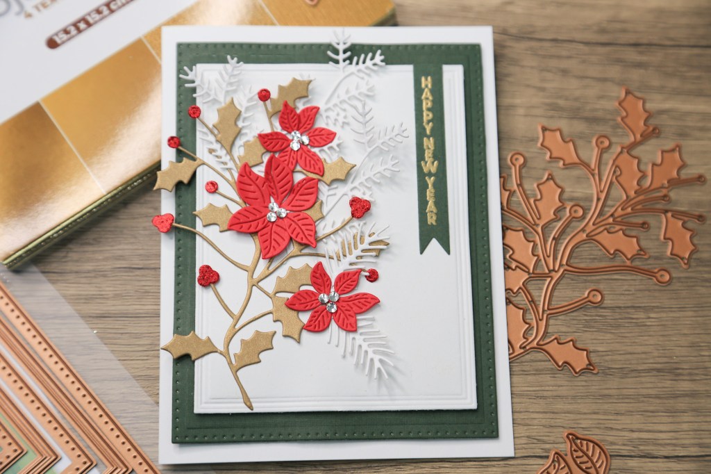 Elegant Red & Gold DIY New Year Card with poinsettias and Christmas foliage.