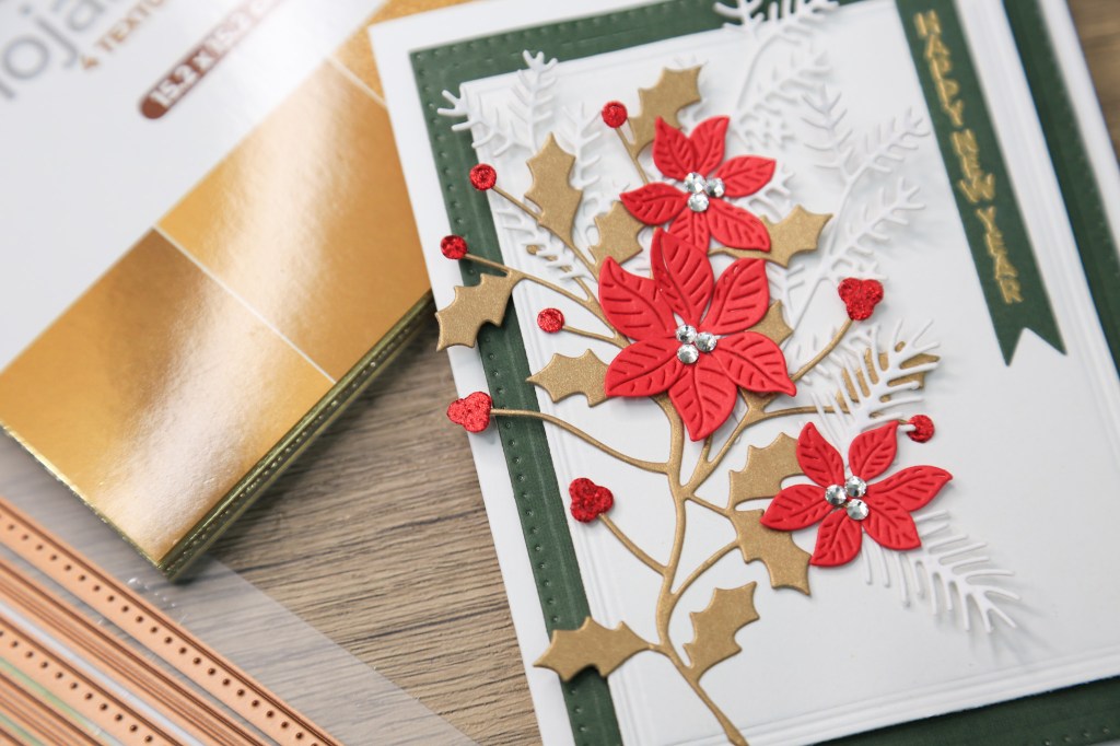 Elegant Red & Gold DIY New Year Card with poinsettias and Christmas foliage.