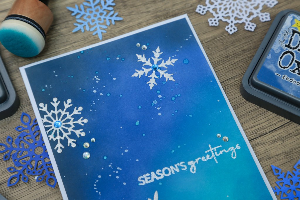 Snowflakes in the Night DIY Holiday Card with ink blended background and glitter snowflakes.