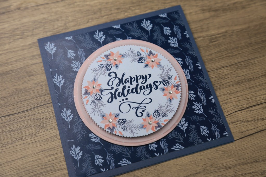 Quick & Easy DIY card with Cut-Apart Centrepiece card made with patterned paper and vellum layer with gems.