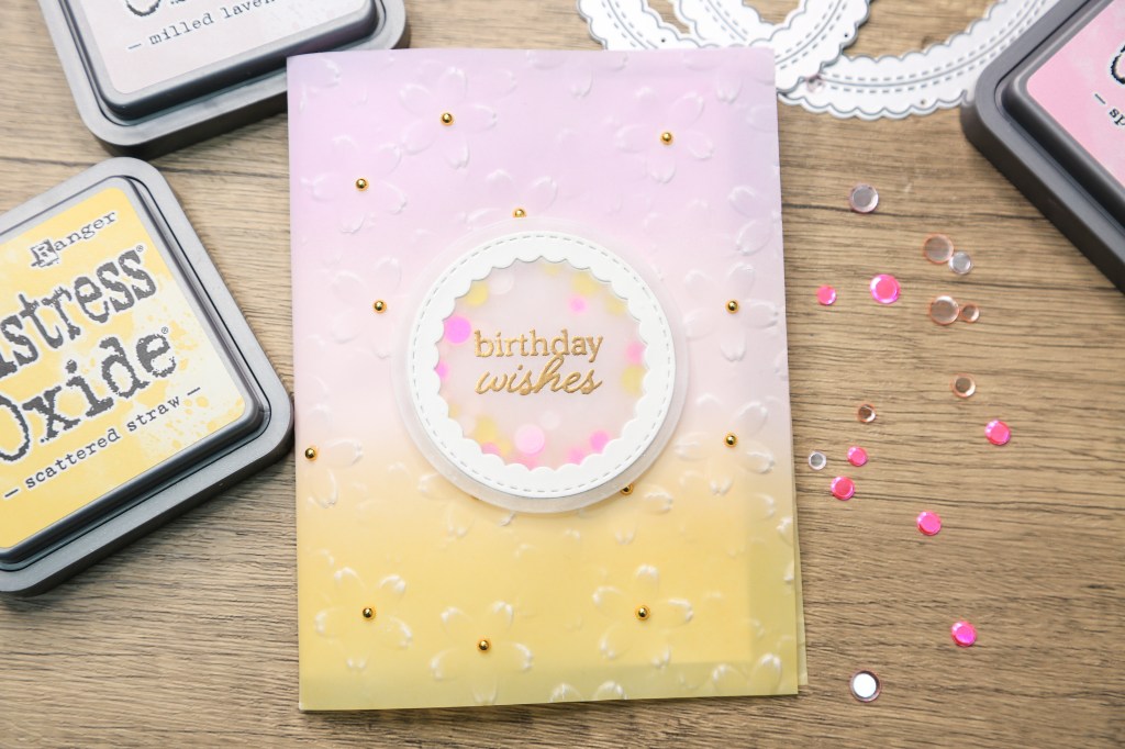 handmade shaker card with coloured vellum, and embossing
