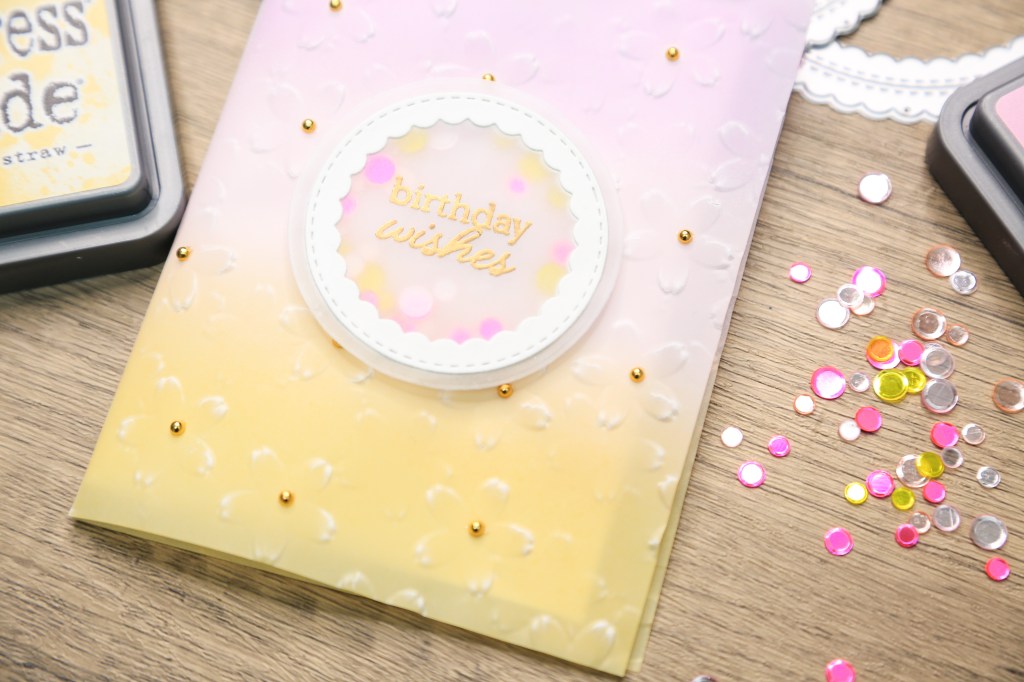 handmade shaker card with coloured vellum, and embossing