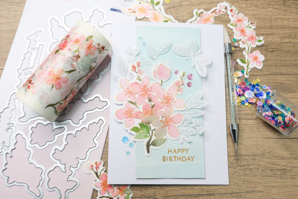handmade card with washi tape, patterned paper and vellum