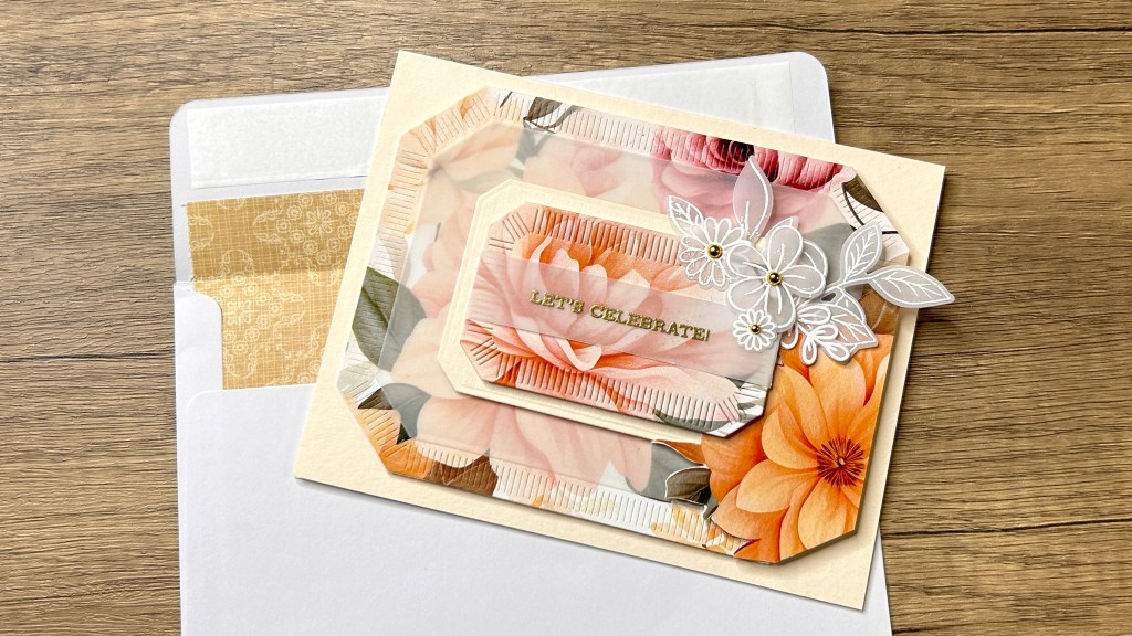handmade card using beautiful patterned paper and vellum accents