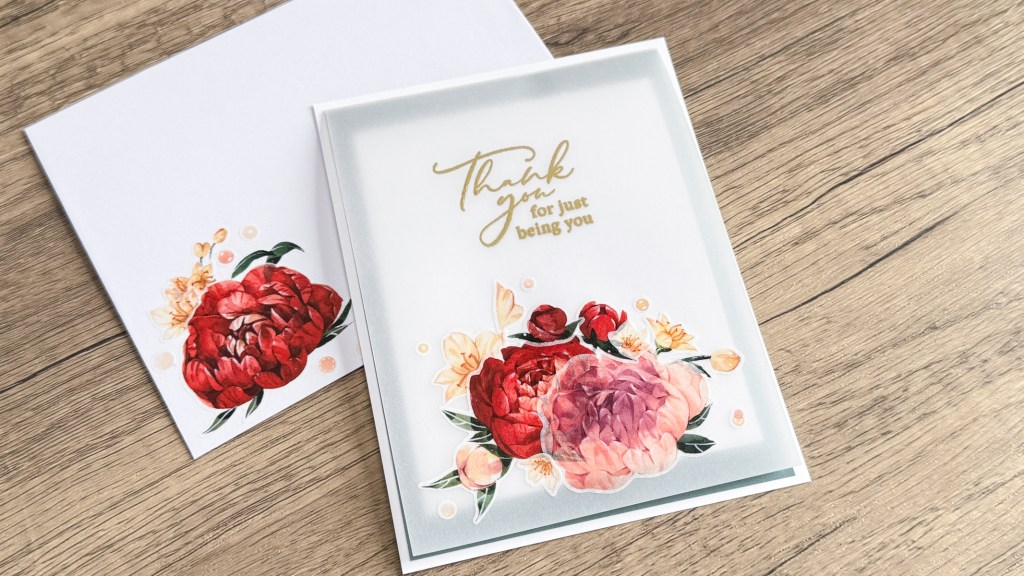 Handmade card with Peony washi stickers on vellum