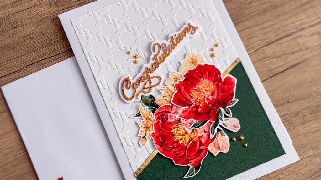 Handmade card with Peony die cuts with washi tape on embossed background.



