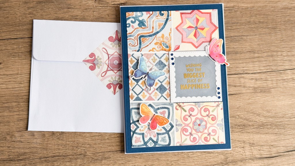 Handmade birthday card with Mediterranean Tiles washi tape with pinkfresh studio fluttering butterfly stickers and vellum heat embossed sentiment