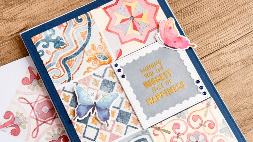 Handmade birthday card with Mediterranean Tiles washi tape with pinkfresh studio fluttering butterfly stickers and vellum heat embossed sentiment