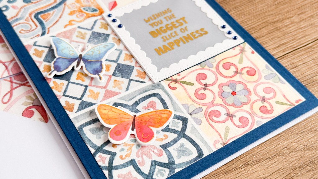 Handmade birthday card with Mediterranean Tiles washi tape with pinkfresh studio fluttering butterfly stickers and vellum heat embossed sentiment
