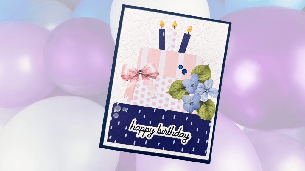 A colorful birthday card featuring a decorated cake with candles, a bow, and flowers, against a backdrop of pastel balloons.