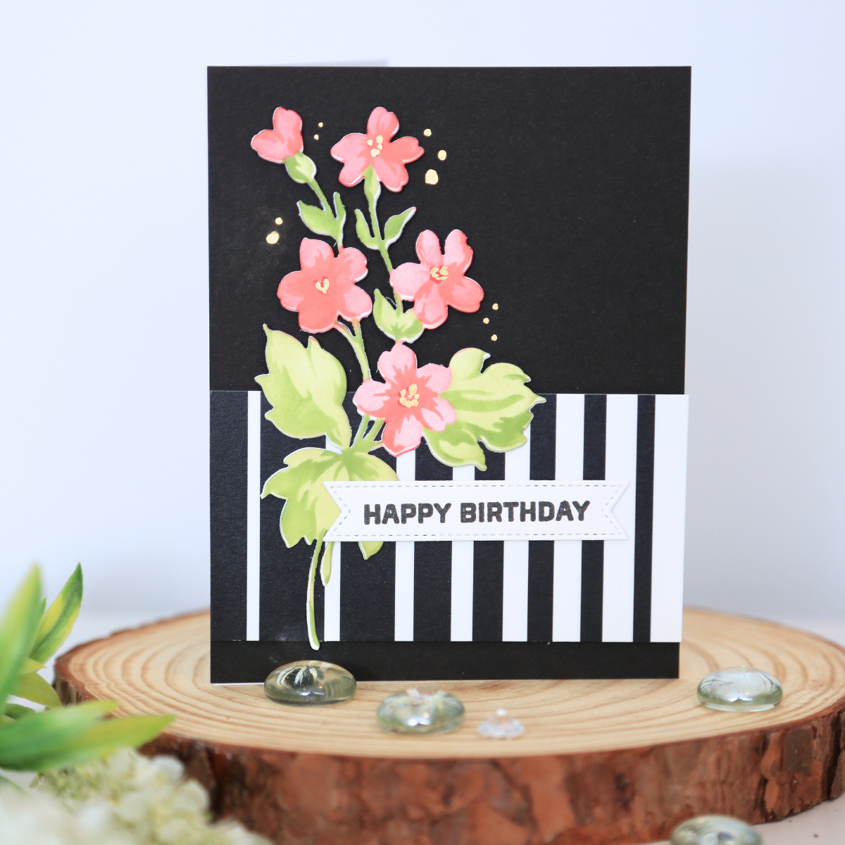 HandmadeCardsByToni-EnchantedBeginnings-HillBlossoms-8 Happy birthday card with pink flowers and green leaves on black and white striped background