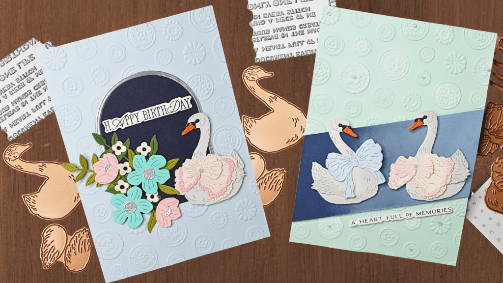 Two elegant handmade 5x7 swan cards featuring embossed backgrounds and dimensional die-cut swans.